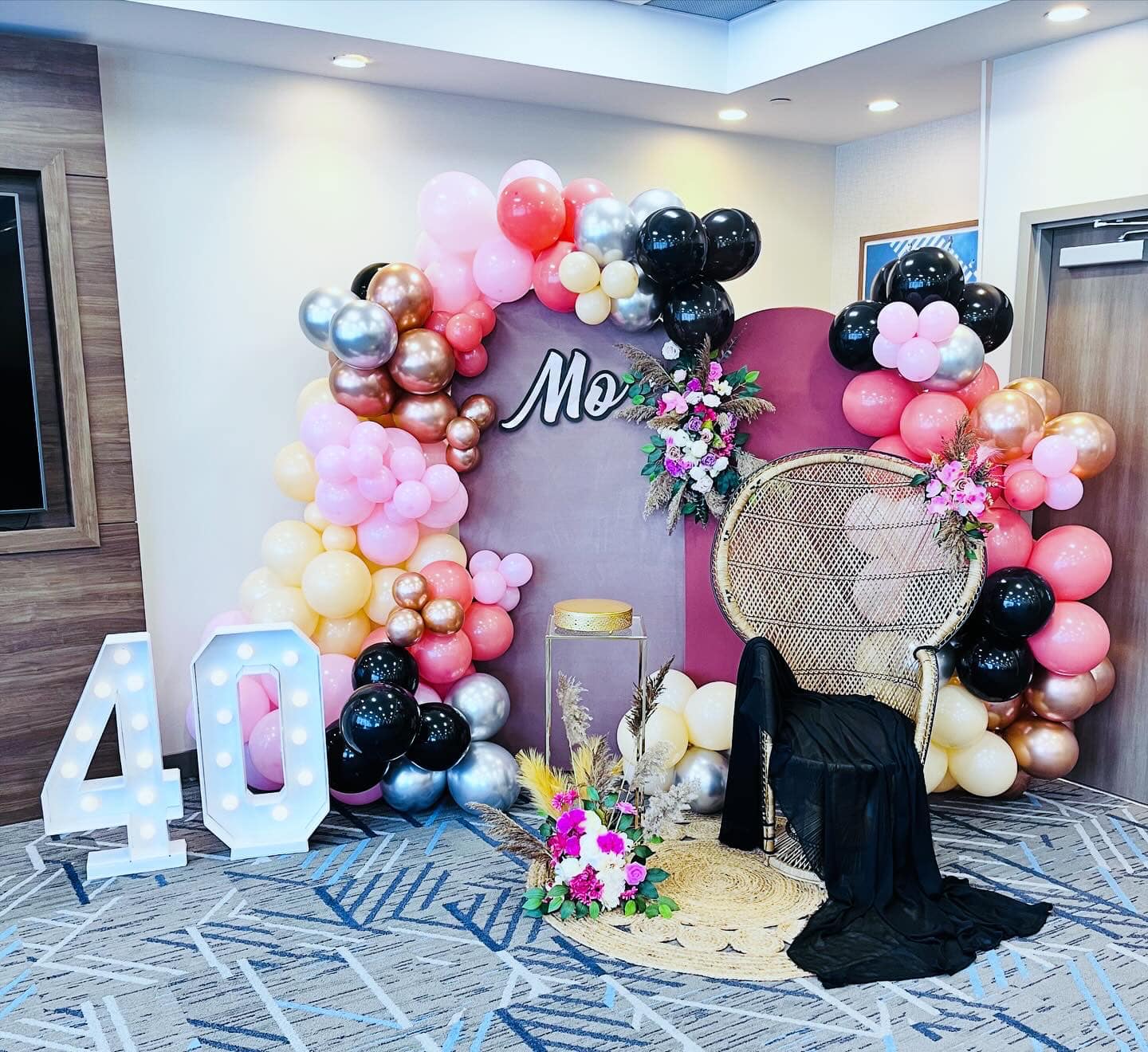 40th birthday — pink, black, and rose gold balloons