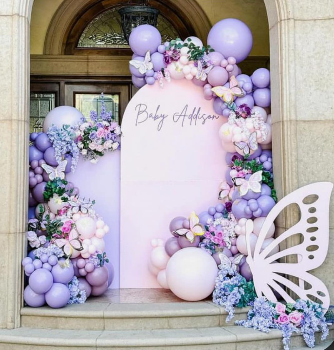 Butterfly baby shower — lavender balloon arch