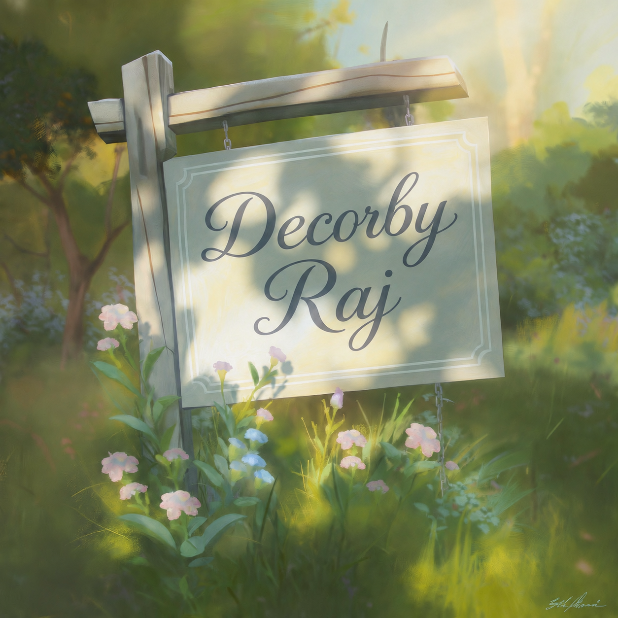 Decorby Raj garden sign surrounded by flowers